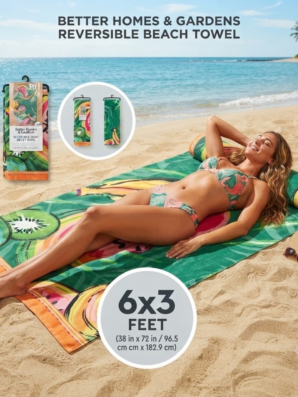Better Homes And Gardens Tropical Fruit Beach Towel in Green with Orange Accent